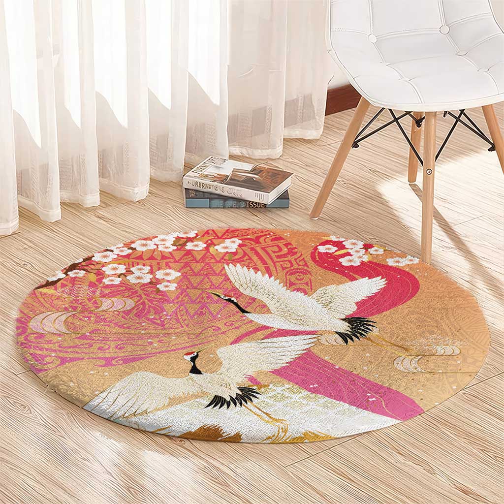 Hawaiian and Japanese Culture Together Round Carpet Kakau Art Tattoo with Cranes and Sakura Spring Vibe - Polynesian Pride