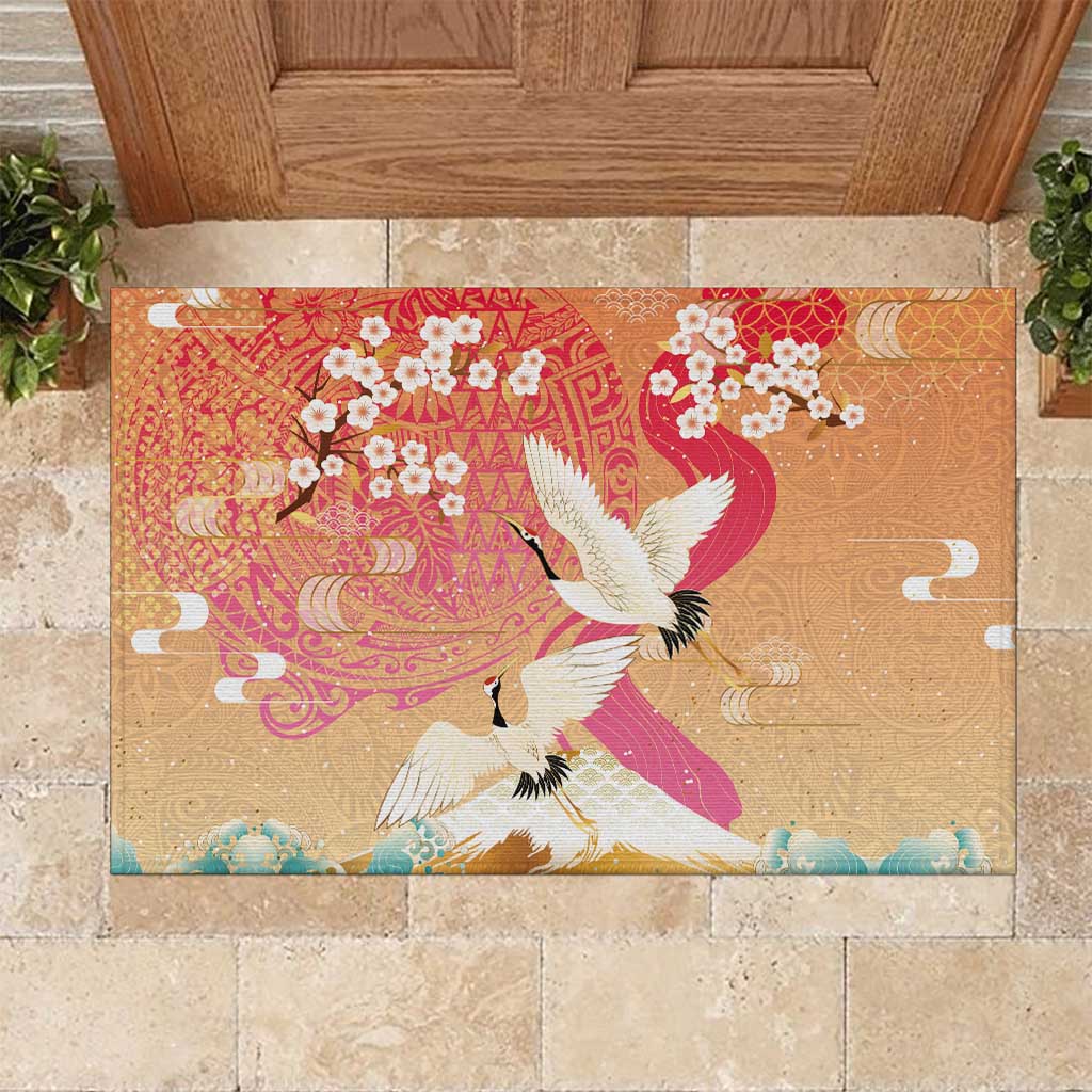 Hawaiian and Japanese Culture Together Rubber Doormat Kakau Art Tattoo with Cranes and Sakura Spring Vibe - Polynesian Pride