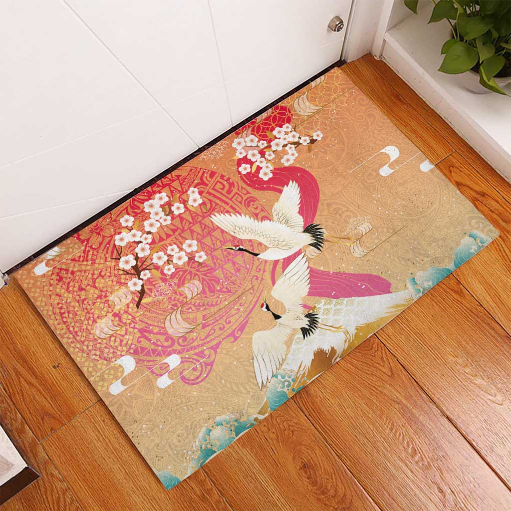 Hawaiian and Japanese Culture Together Rubber Doormat Kakau Art Tattoo with Cranes and Sakura Spring Vibe - Polynesian Pride