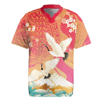 Hawaiian and Japanese Culture Together Rugby Jersey Kakau Art Tattoo with Cranes and Sakura Spring Vibe - Polynesian Pride