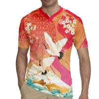 Hawaiian and Japanese Culture Together Rugby Jersey Kakau Art Tattoo with Cranes and Sakura Spring Vibe - Polynesian Pride