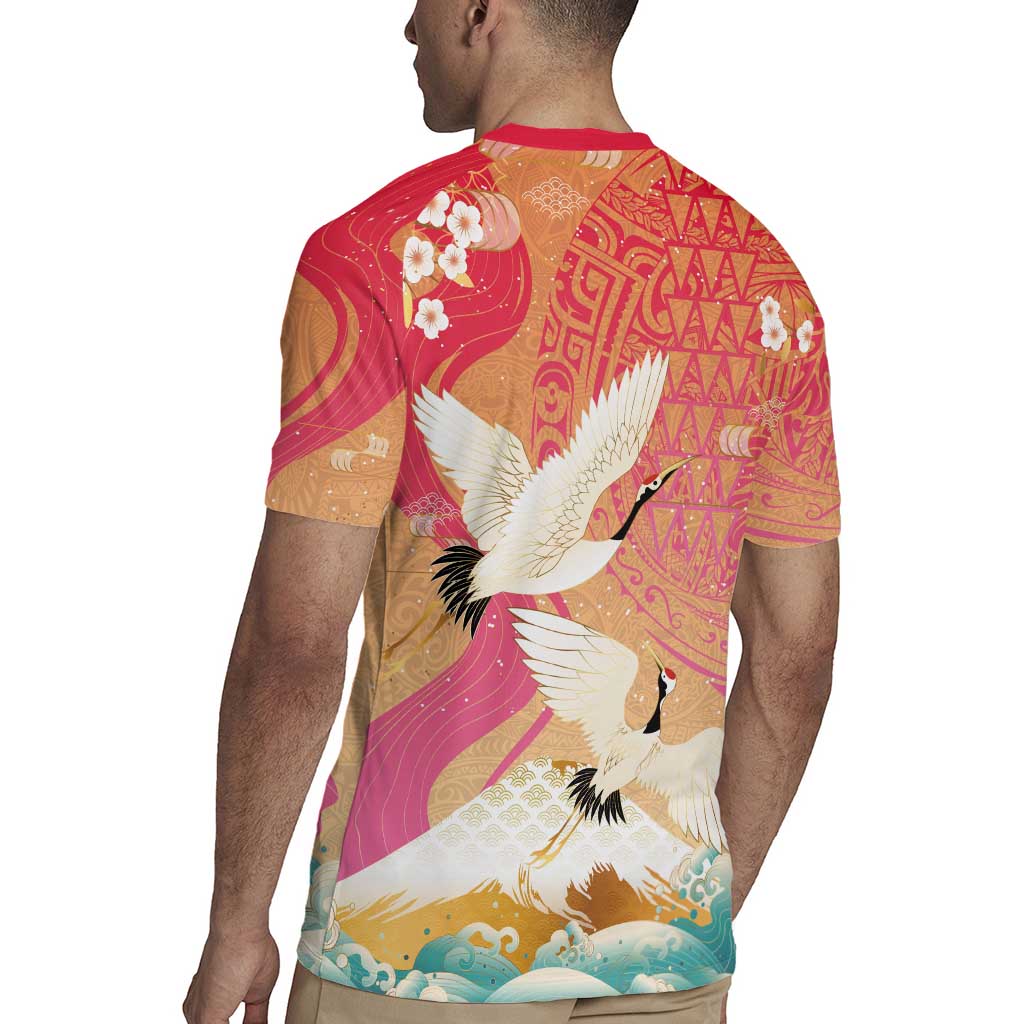 Hawaiian and Japanese Culture Together Rugby Jersey Kakau Art Tattoo with Cranes and Sakura Spring Vibe - Polynesian Pride