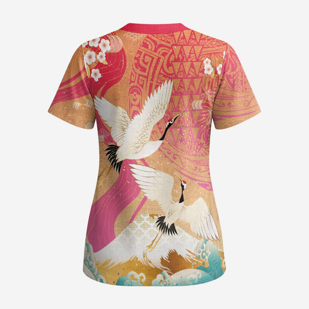 Hawaiian and Japanese Culture Together Scrub Top Kakau Art Tattoo with Cranes and Sakura Spring Vibe - Polynesian Pride
