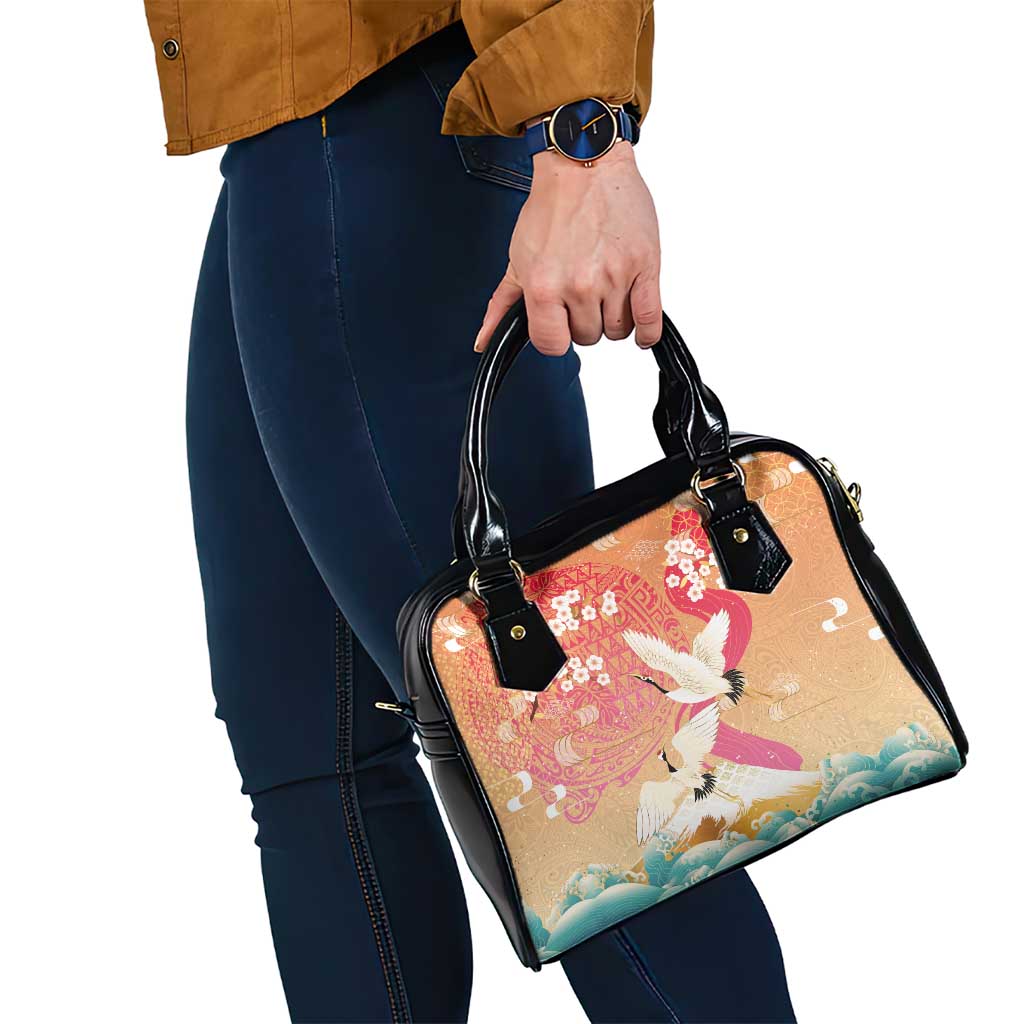 Hawaiian and Japanese Culture Together Shoulder Handbag Kakau Art Tattoo with Cranes and Sakura Spring Vibe - Polynesian Pride