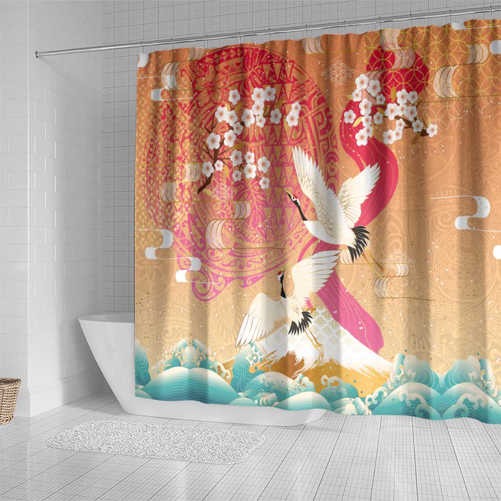 Hawaiian and Japanese Culture Together Shower Curtain Kakau Art Tattoo with Cranes and Sakura Spring Vibe - Polynesian Pride