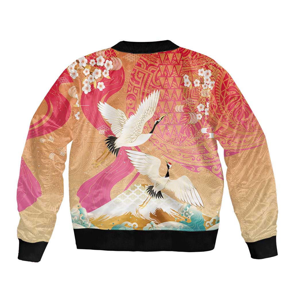 Hawaiian and Japanese Culture Together Sleeve Zip Bomber Jacket Kakau Art Tattoo with Cranes and Sakura Spring Vibe - Polynesian Pride