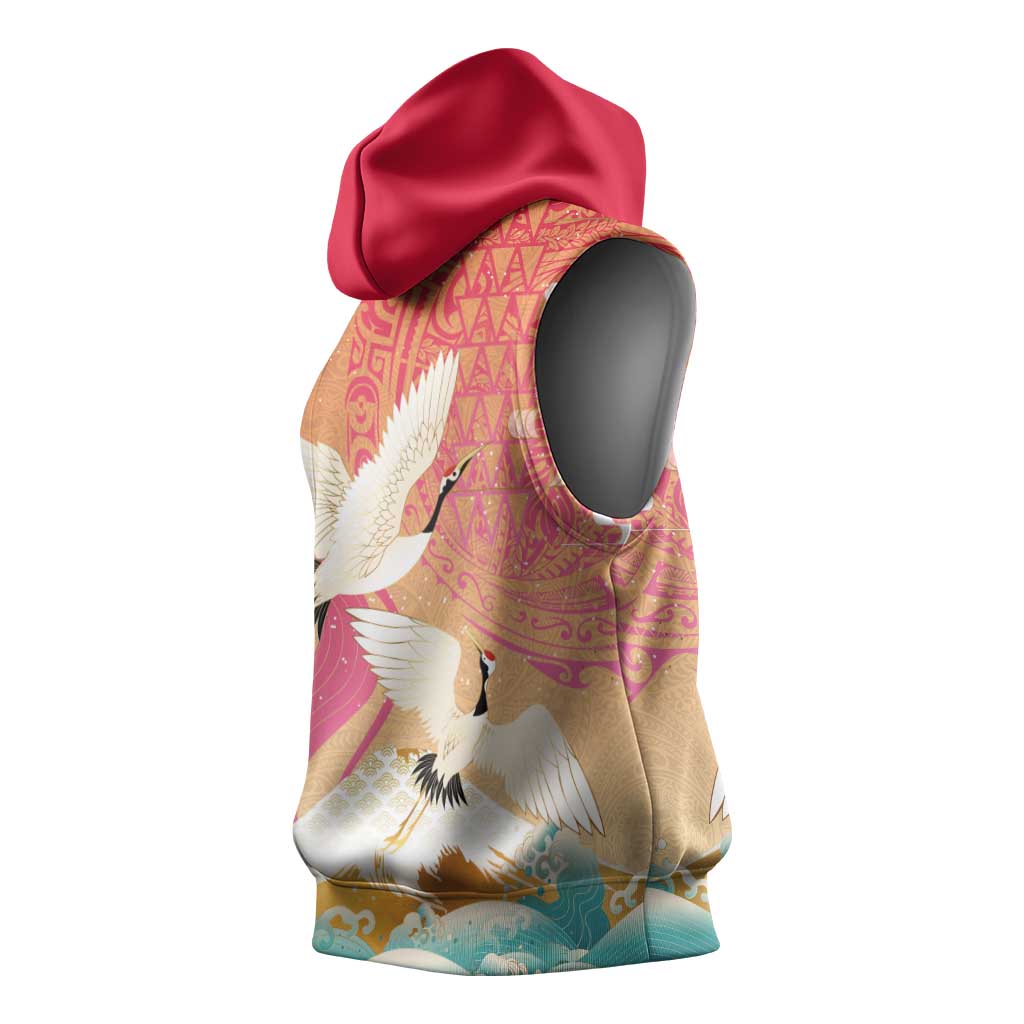 Hawaiian and Japanese Culture Together Sleeveless Hoodie Kakau Art Tattoo with Cranes and Sakura Spring Vibe - Polynesian Pride