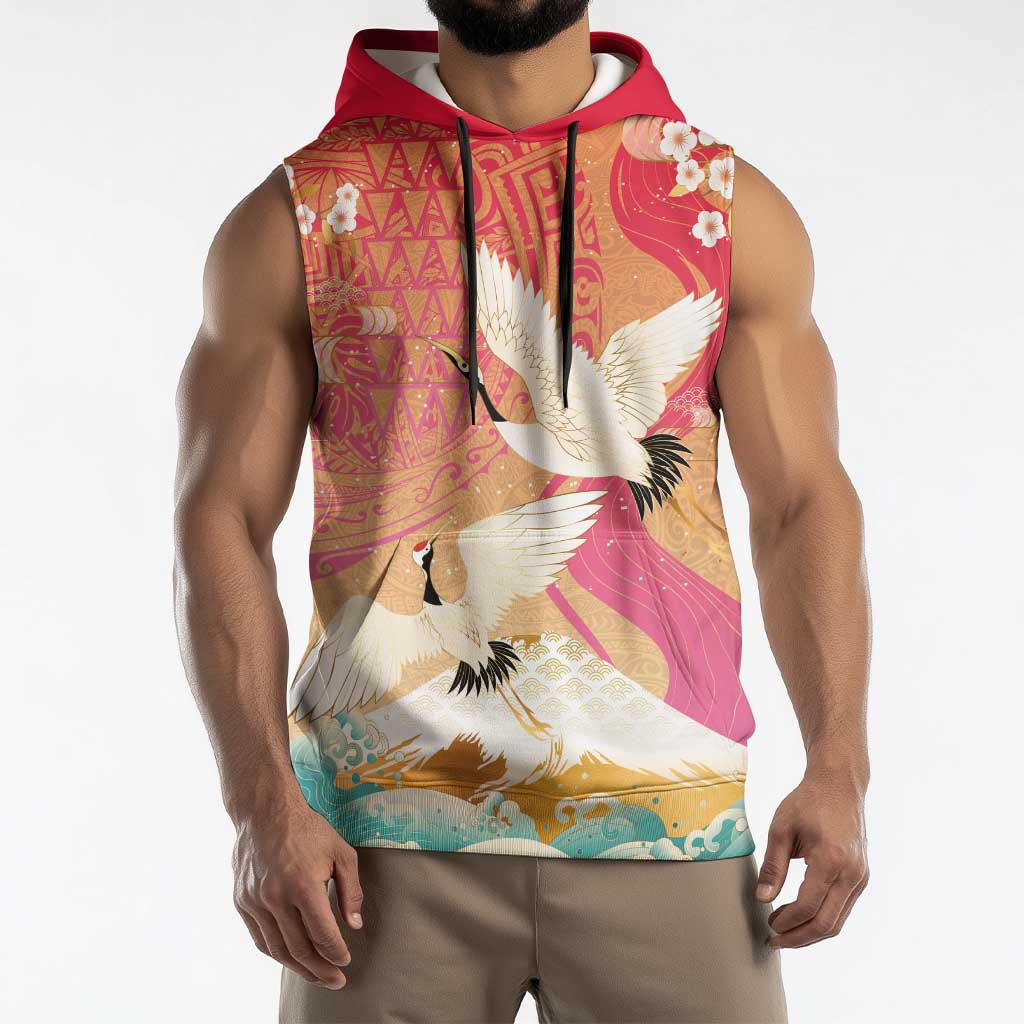 Hawaiian and Japanese Culture Together Sleeveless Hoodie Kakau Art Tattoo with Cranes and Sakura Spring Vibe - Polynesian Pride