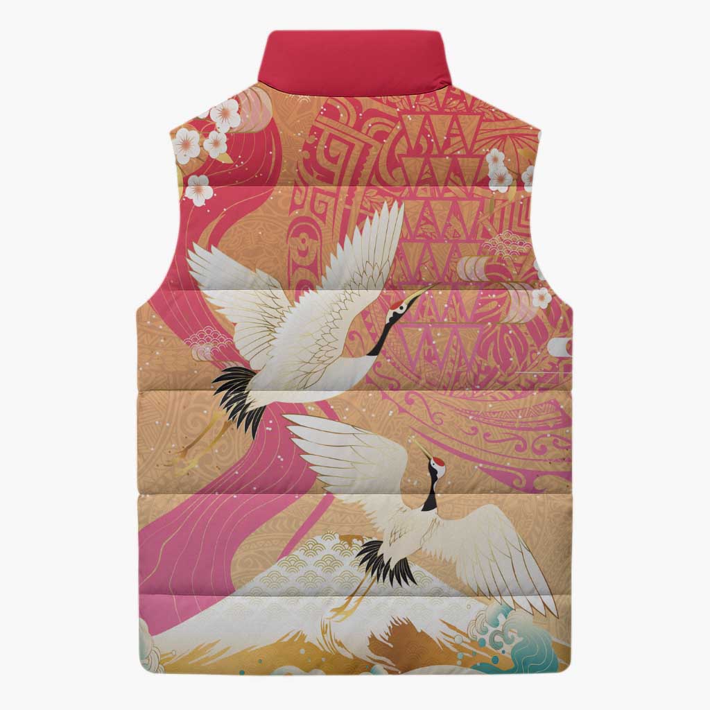 Hawaiian and Japanese Culture Together Sleeveless Puffer Jacket Kakau Art Tattoo with Cranes and Sakura Spring Vibe - Polynesian Pride