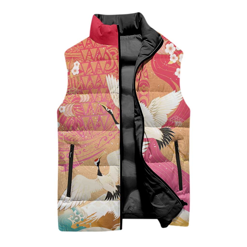 Hawaiian and Japanese Culture Together Sleeveless Puffer Jacket Kakau Art Tattoo with Cranes and Sakura Spring Vibe - Polynesian Pride