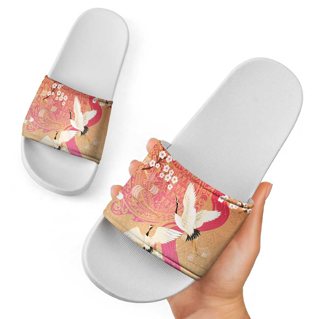 Hawaiian and Japanese Culture Together Slide Sandals Kakau Art Tattoo with Cranes and Sakura Spring Vibe - Polynesian Pride