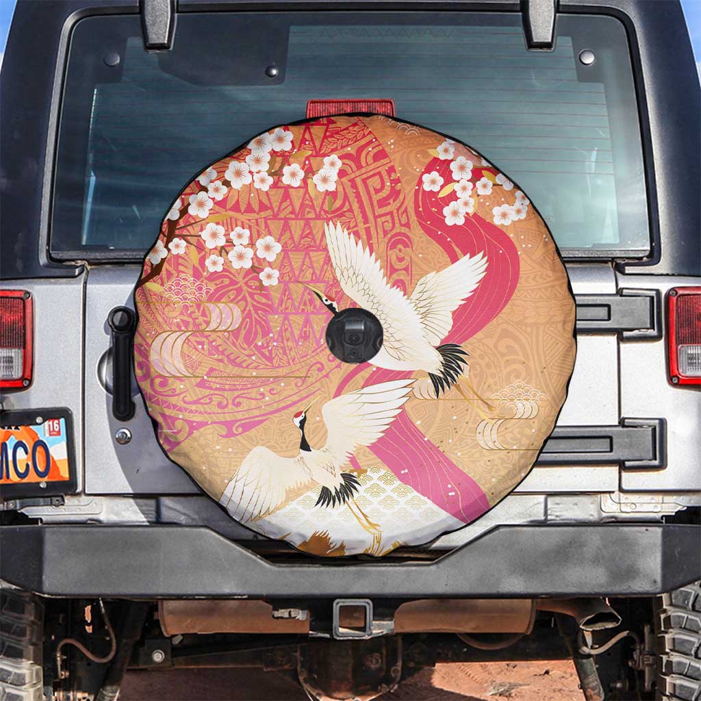 Hawaiian and Japanese Culture Together Spare Tire Cover Kakau Art Tattoo with Cranes and Sakura Spring Vibe - Polynesian Pride
