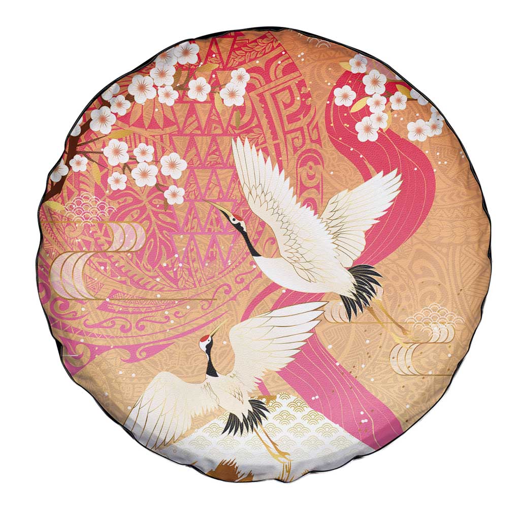 Hawaiian and Japanese Culture Together Spare Tire Cover Kakau Art Tattoo with Cranes and Sakura Spring Vibe - Polynesian Pride