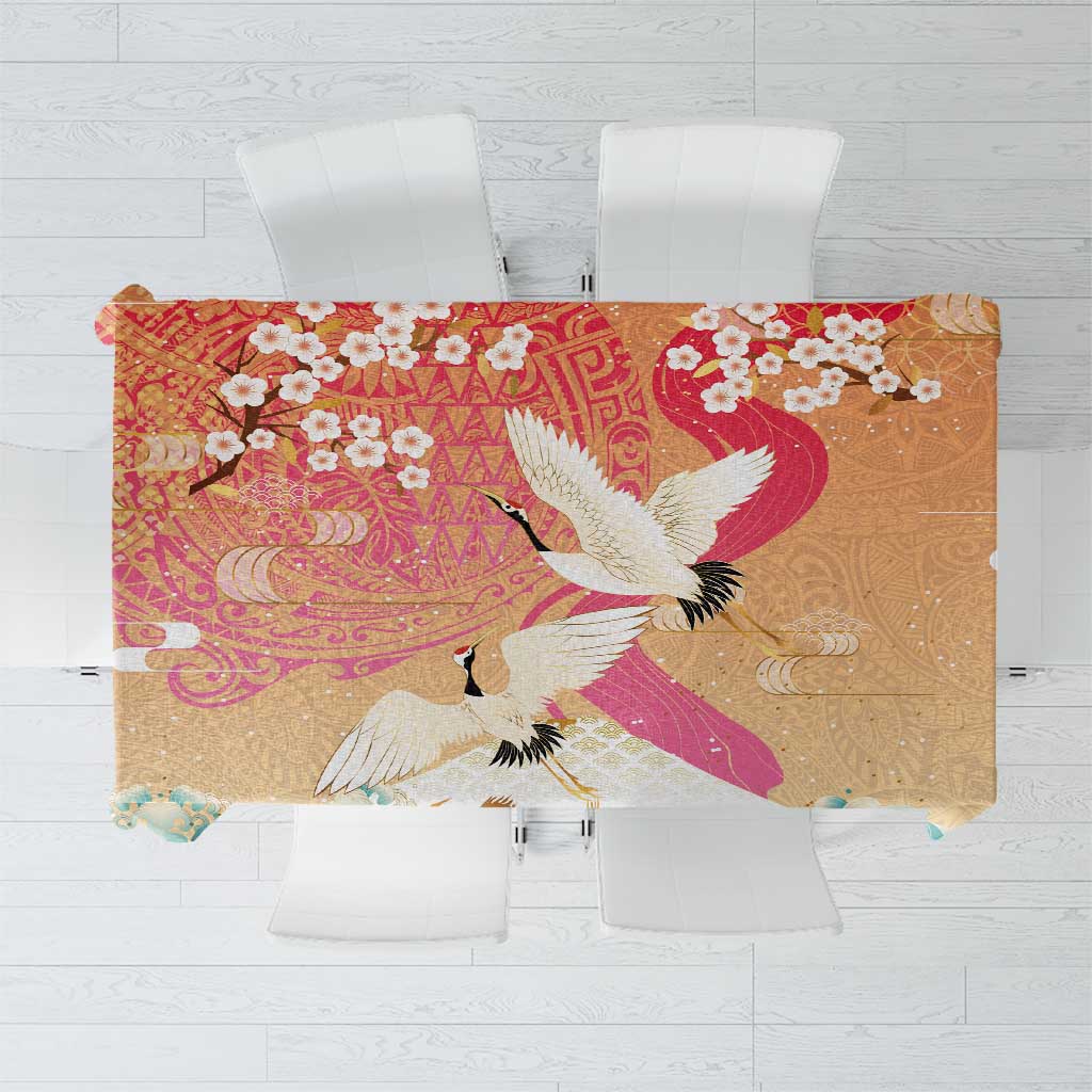 Hawaiian and Japanese Culture Together Tablecloth Kakau Art Tattoo with Cranes and Sakura Spring Vibe - Polynesian Pride