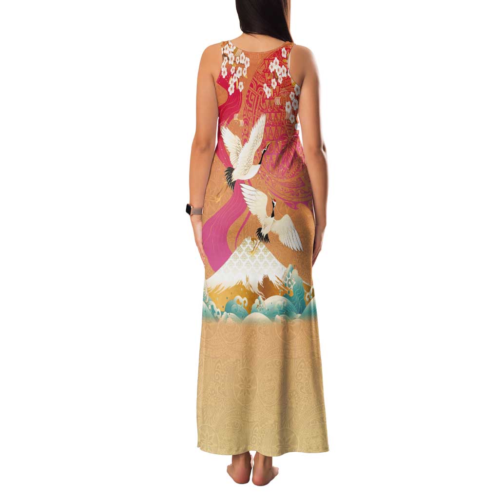 Hawaiian and Japanese Culture Together Tank Maxi Dress Kakau Art Tattoo with Cranes and Sakura Spring Vibe - Polynesian Pride