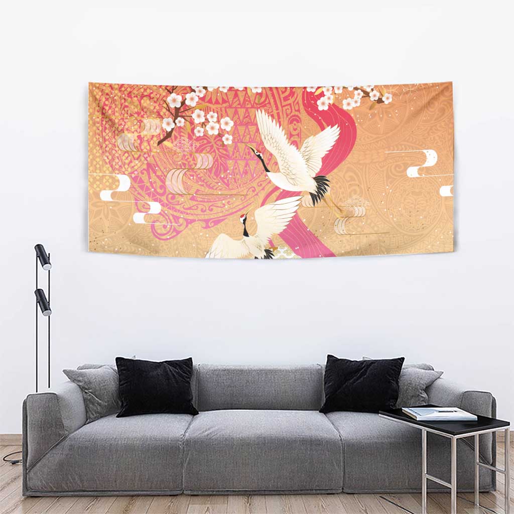 Hawaiian and Japanese Culture Together Tapestry Kakau Art Tattoo with Cranes and Sakura Spring Vibe - Polynesian Pride