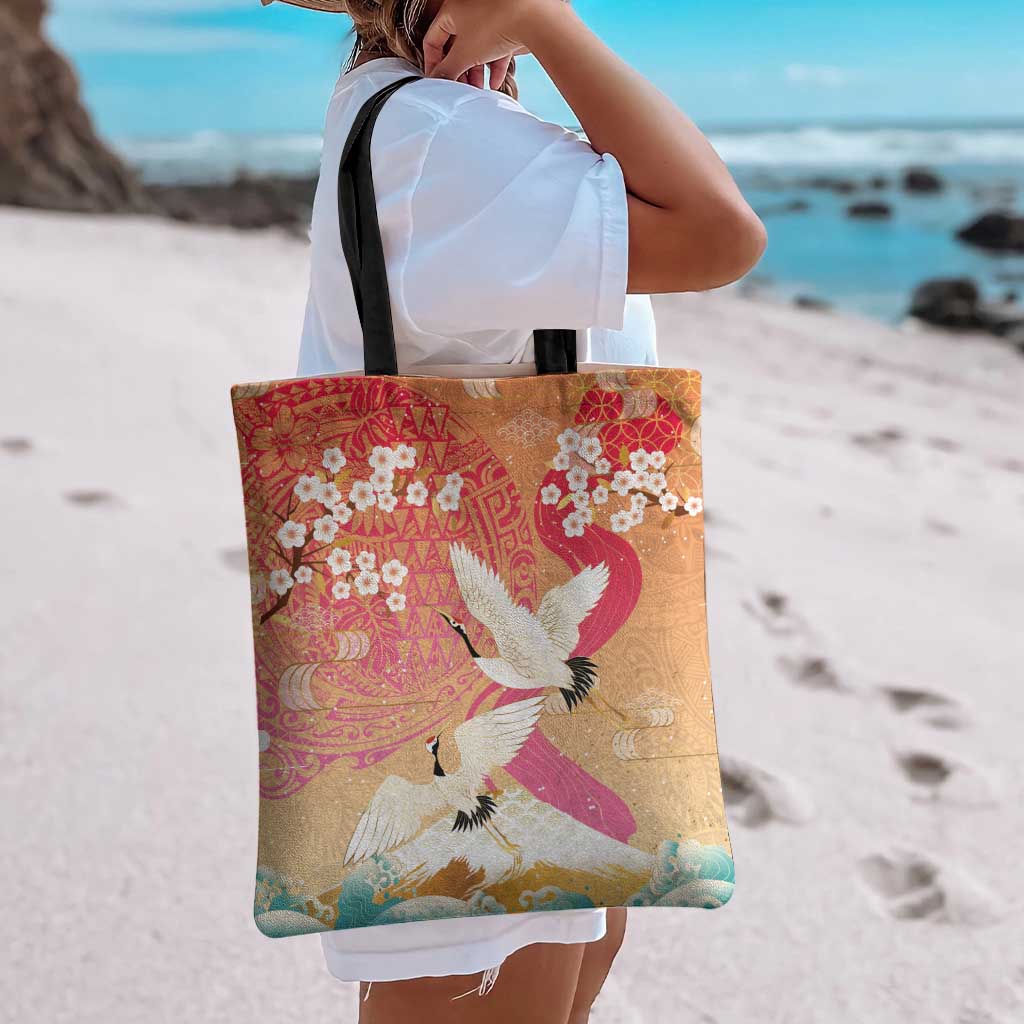 Hawaiian and Japanese Culture Together Tote Bag Kakau Art Tattoo with Cranes and Sakura Spring Vibe - Polynesian Pride