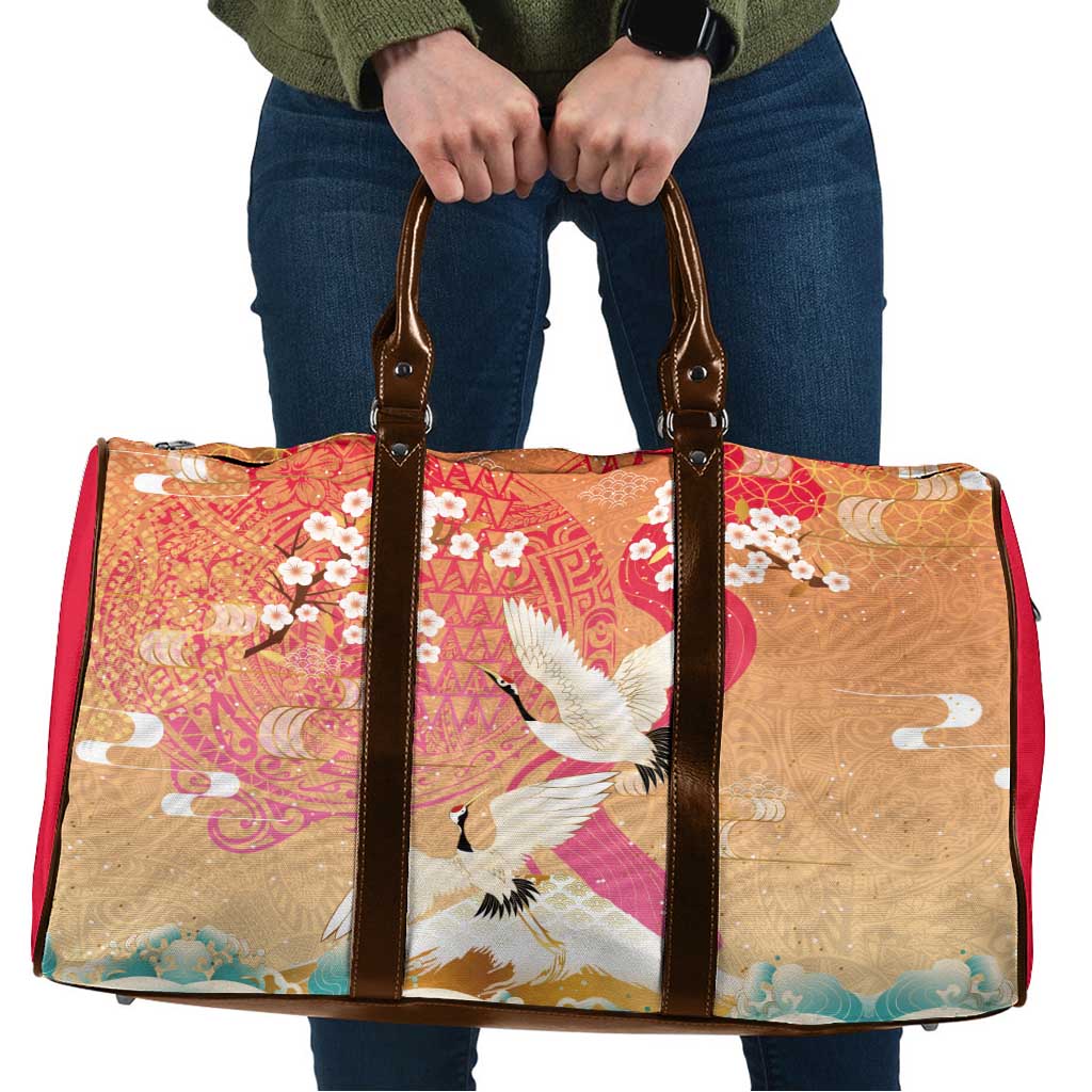 Hawaiian and Japanese Culture Together Travel Bag Kakau Art Tattoo with Cranes and Sakura Spring Vibe - Polynesian Pride