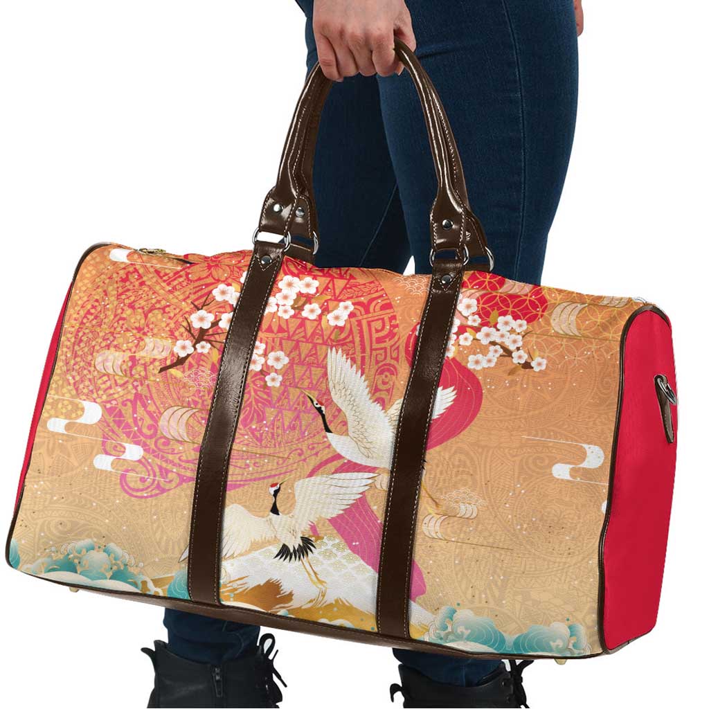 Hawaiian and Japanese Culture Together Travel Bag Kakau Art Tattoo with Cranes and Sakura Spring Vibe - Polynesian Pride
