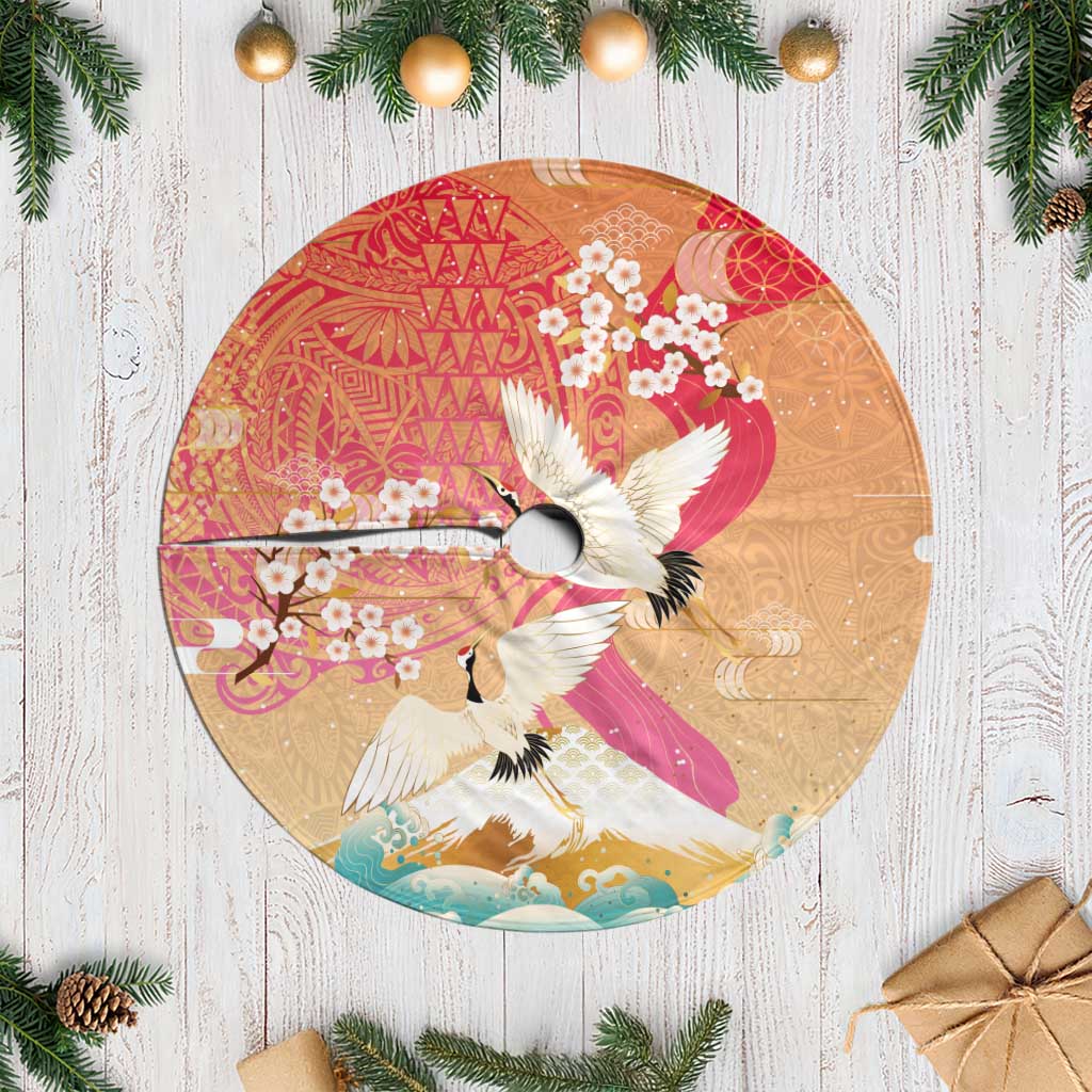 Hawaiian and Japanese Culture Together Tree Skirt Kakau Art Tattoo with Cranes and Sakura Spring Vibe - Polynesian Pride