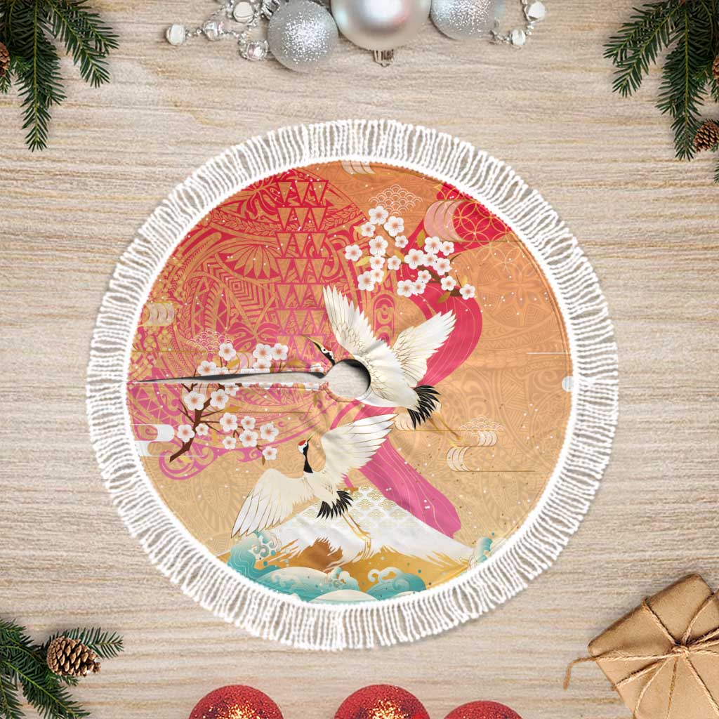 Hawaiian and Japanese Culture Together Tree Skirt Kakau Art Tattoo with Cranes and Sakura Spring Vibe - Polynesian Pride