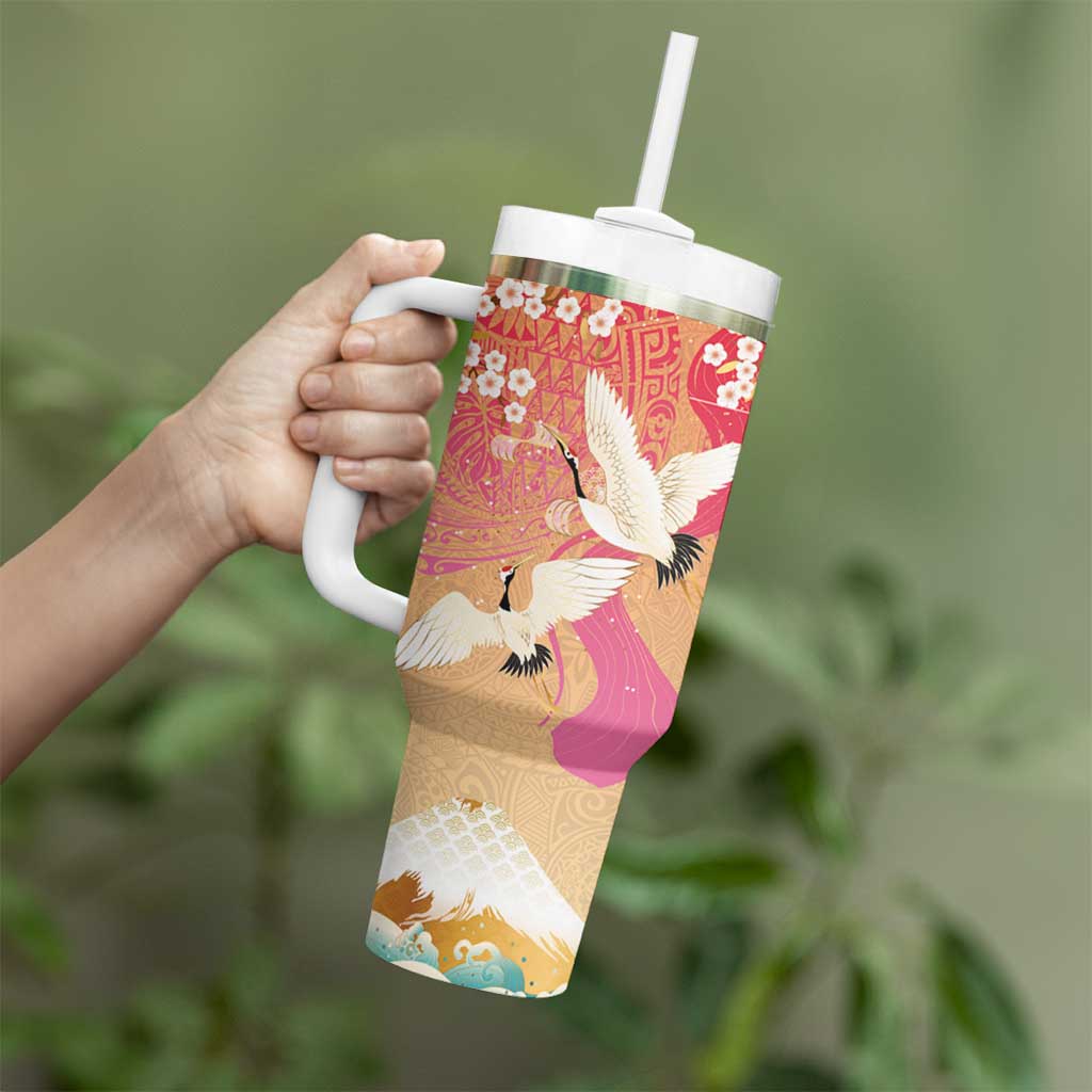 Hawaiian and Japanese Culture Together Tumbler With Handle Kakau Art Tattoo with Cranes and Sakura Spring Vibe - Polynesian Pride