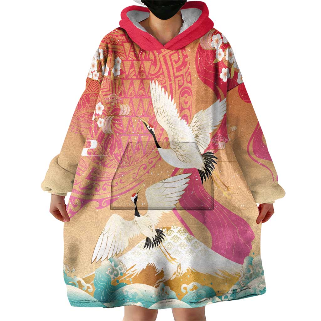 Hawaiian and Japanese Culture Together Wearable Blanket Hoodie Kakau Art Tattoo with Cranes and Sakura Spring Vibe - Polynesian Pride