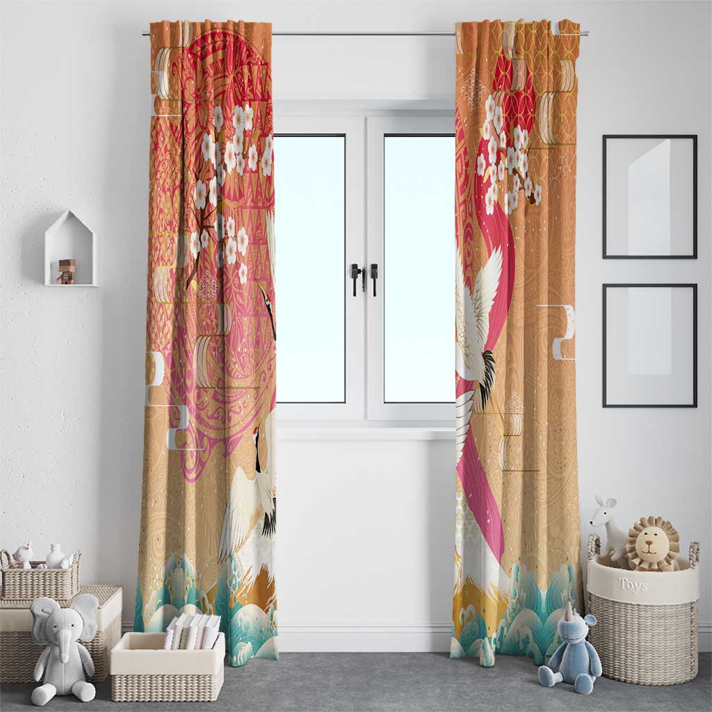 Hawaiian and Japanese Culture Together Window Curtain Kakau Art Tattoo with Cranes and Sakura Spring Vibe - Polynesian Pride