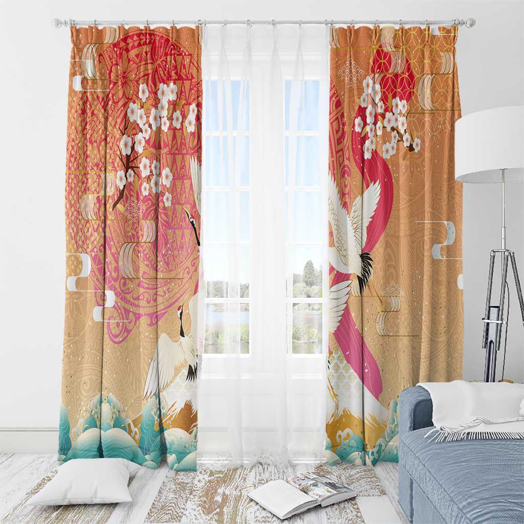 Hawaiian and Japanese Culture Together Window Curtain Kakau Art Tattoo with Cranes and Sakura Spring Vibe - Polynesian Pride
