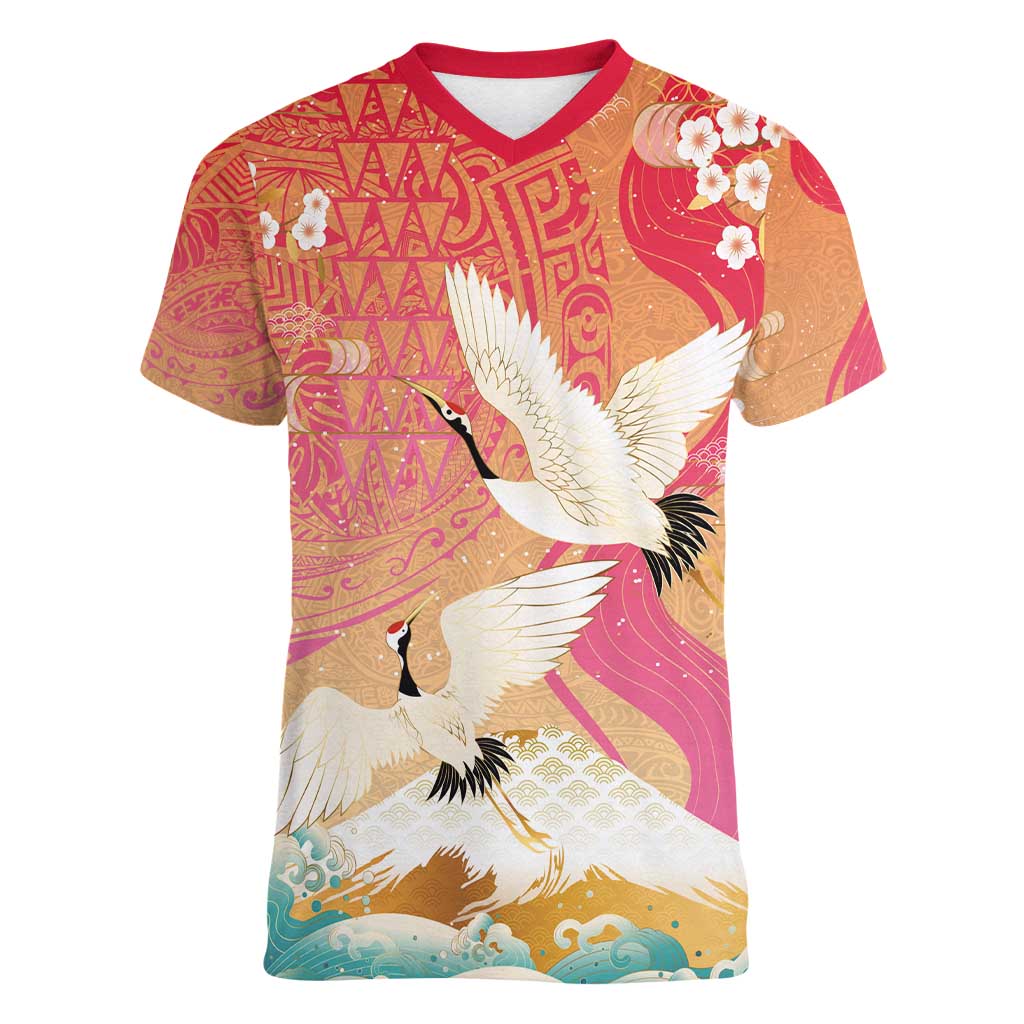 Hawaiian and Japanese Culture Together Women V-Neck T-Shirt Kakau Art Tattoo with Cranes and Sakura Spring Vibe - Polynesian Pride