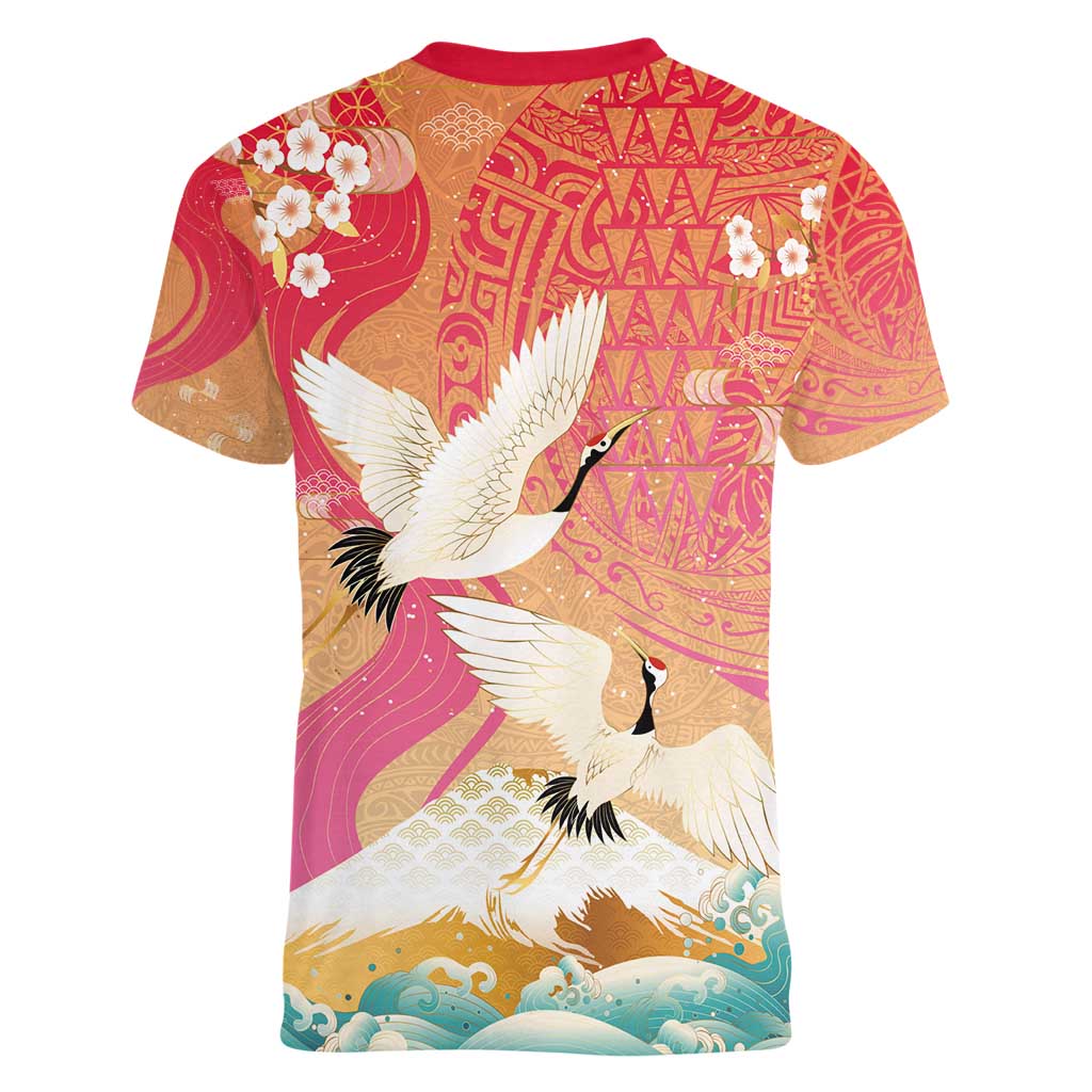 Hawaiian and Japanese Culture Together Women V-Neck T-Shirt Kakau Art Tattoo with Cranes and Sakura Spring Vibe - Polynesian Pride