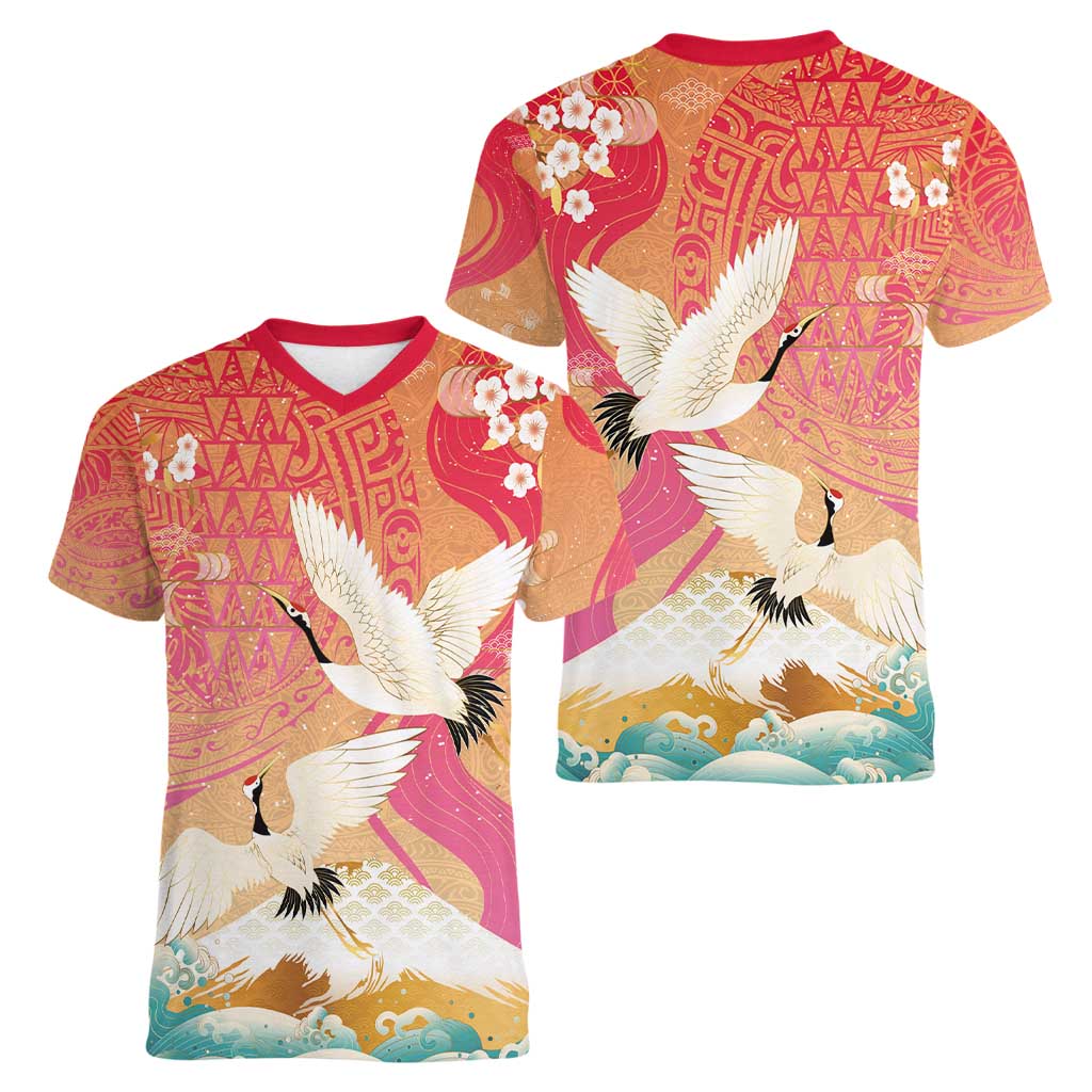 Hawaiian and Japanese Culture Together Women V-Neck T-Shirt Kakau Art Tattoo with Cranes and Sakura Spring Vibe - Polynesian Pride
