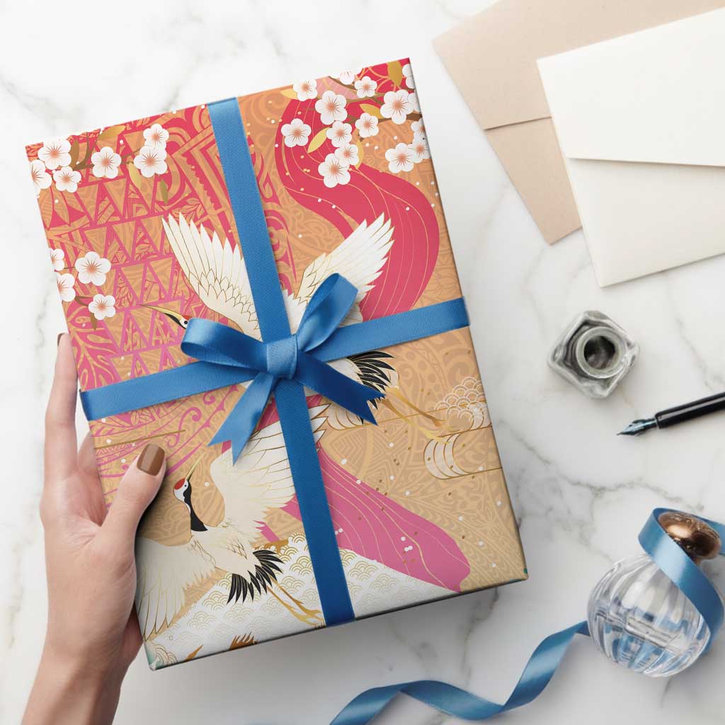 Hawaiian and Japanese Culture Together Wrapping Paper Kakau Art Tattoo with Cranes and Sakura Spring Vibe - Polynesian Pride