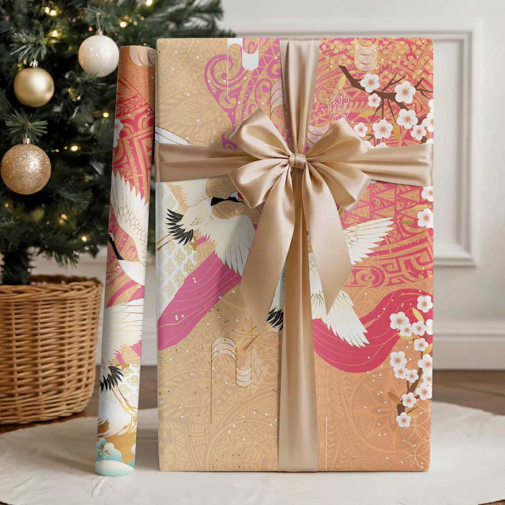 Hawaiian and Japanese Culture Together Wrapping Paper Kakau Art Tattoo with Cranes and Sakura Spring Vibe - Polynesian Pride