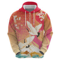 Hawaiian and Japanese Culture Together Zip Hoodie Kakau Art Tattoo with Cranes and Sakura Spring Vibe - Polynesian Pride