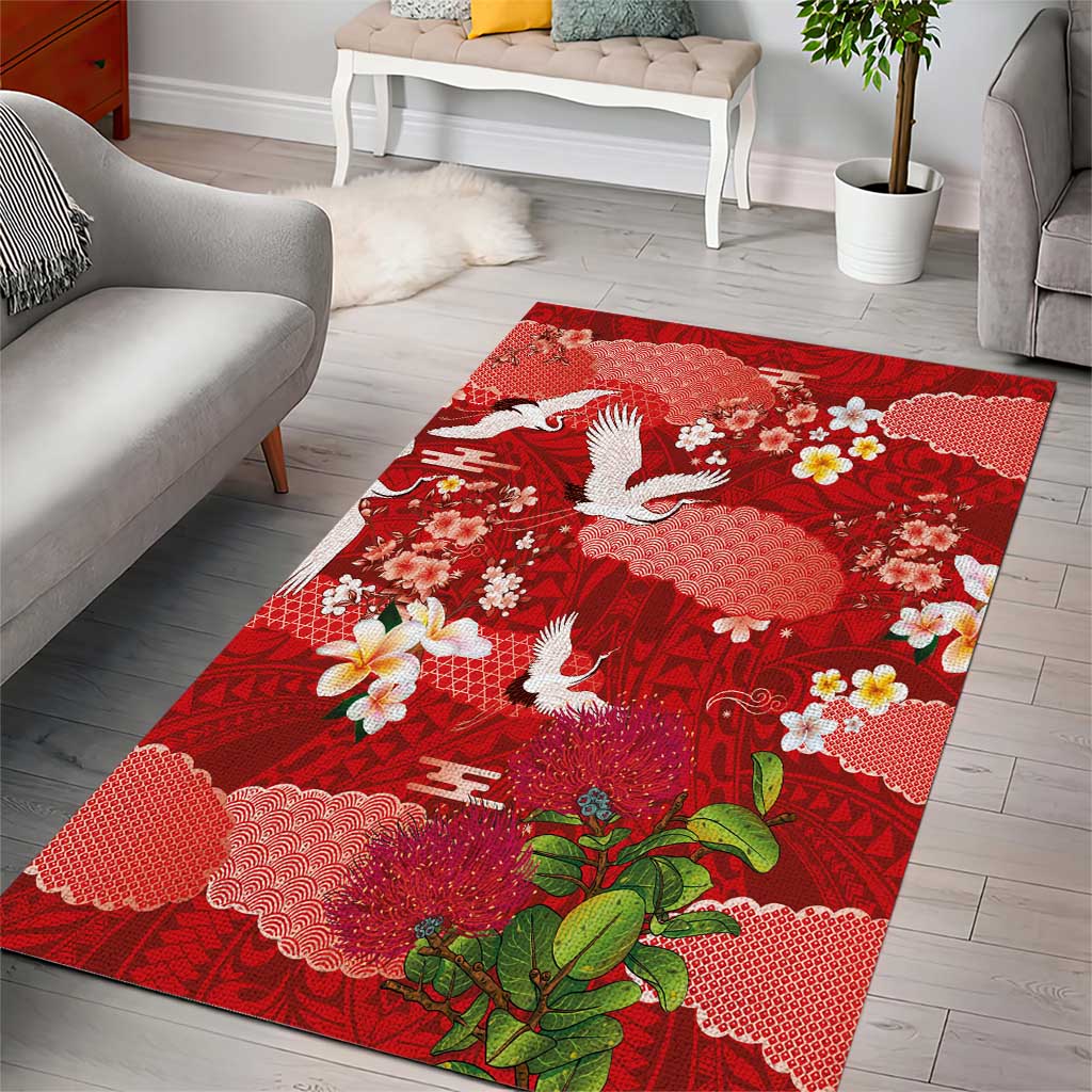 Hawaiian and Japanese Culture Together Area Rug Red Ohia Lehua Plumeria and Sakura Blooming - Polynesian Pride