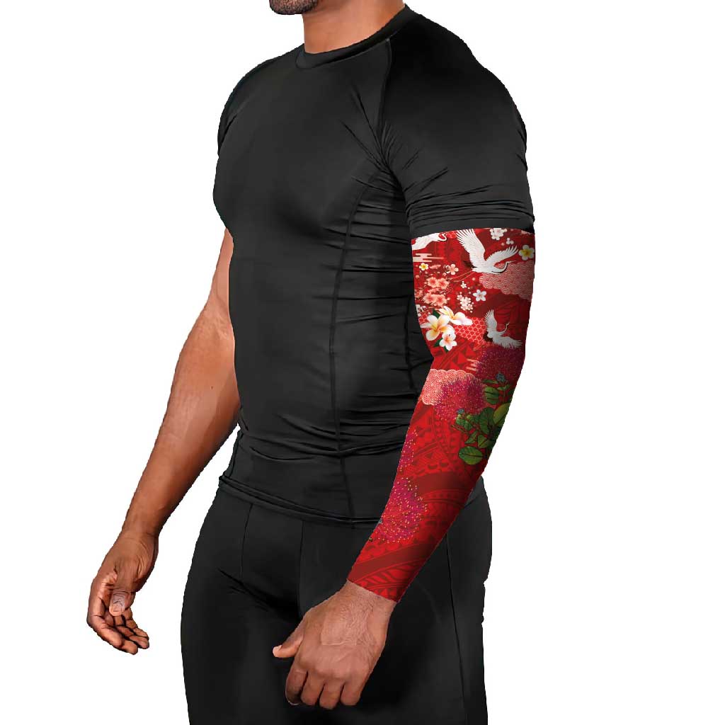 Hawaiian and Japanese Culture Together Arm Sleeves Red Ohia Lehua Plumeria and Sakura Blooming - Polynesian Pride