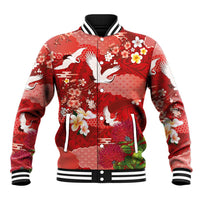 Hawaiian and Japanese Culture Together Baseball Jacket Red Ohia Lehua Plumeria and Sakura Blooming - Polynesian Pride