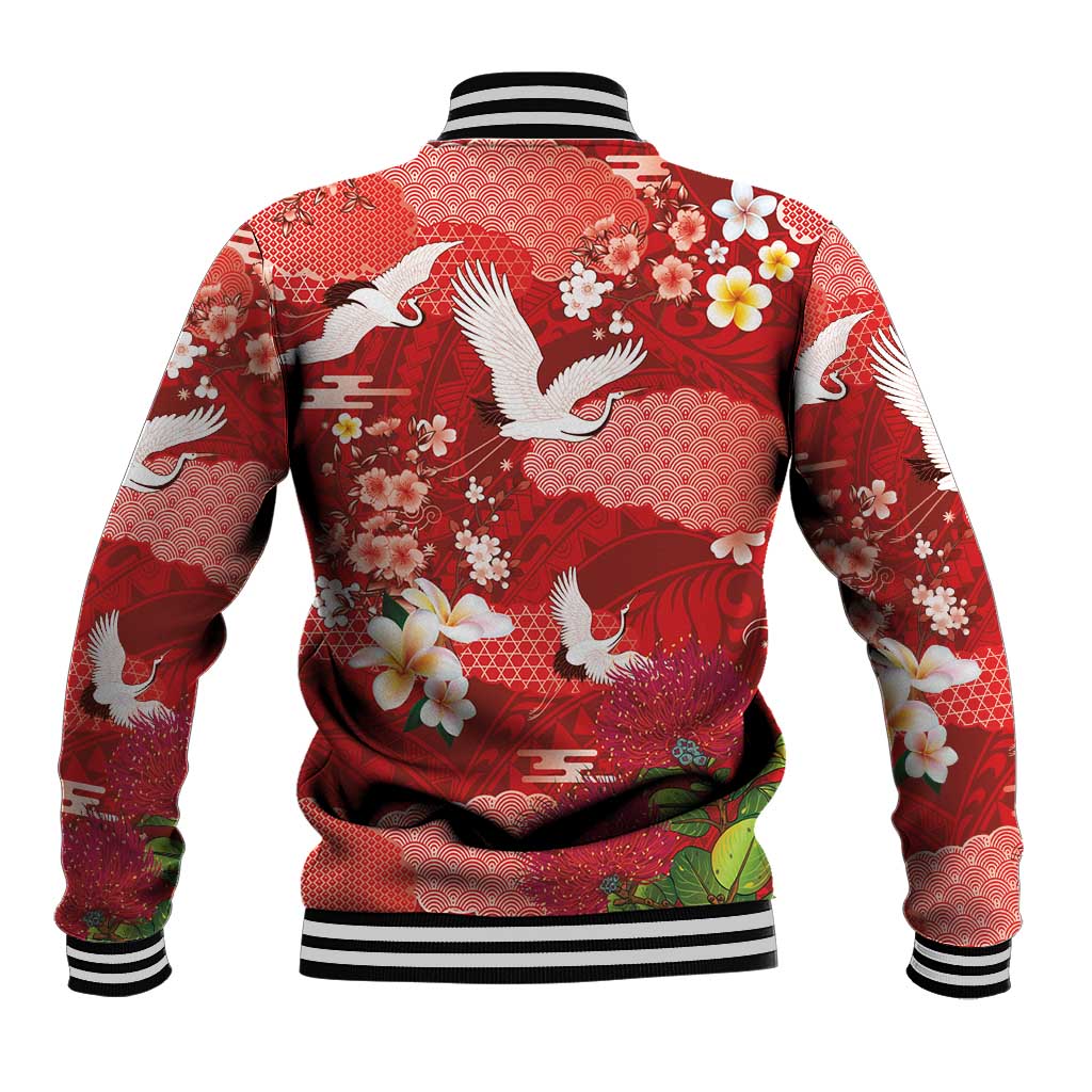 Hawaiian and Japanese Culture Together Baseball Jacket Red Ohia Lehua Plumeria and Sakura Blooming - Polynesian Pride