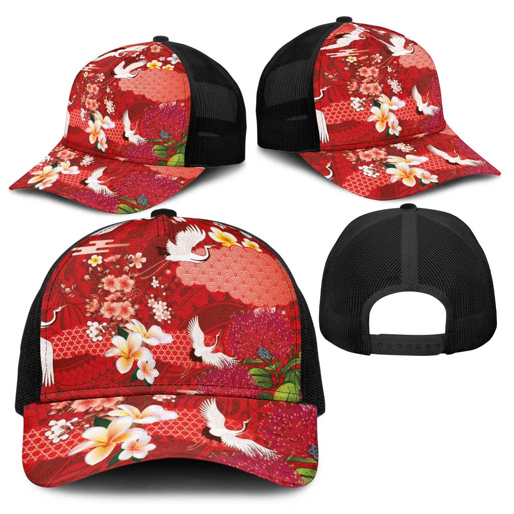 Hawaiian and Japanese Culture Together Baseball Net Cap Red Ohia Lehua Plumeria and Sakura Blooming - Polynesian Pride