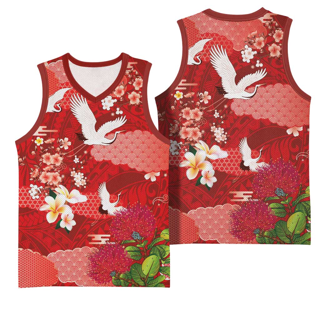 Hawaiian and Japanese Culture Together Basketball Jersey Red Ohia Lehua Plumeria and Sakura Blooming - Polynesian Pride
