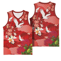 Hawaiian and Japanese Culture Together Basketball Jersey Red Ohia Lehua Plumeria and Sakura Blooming - Polynesian Pride