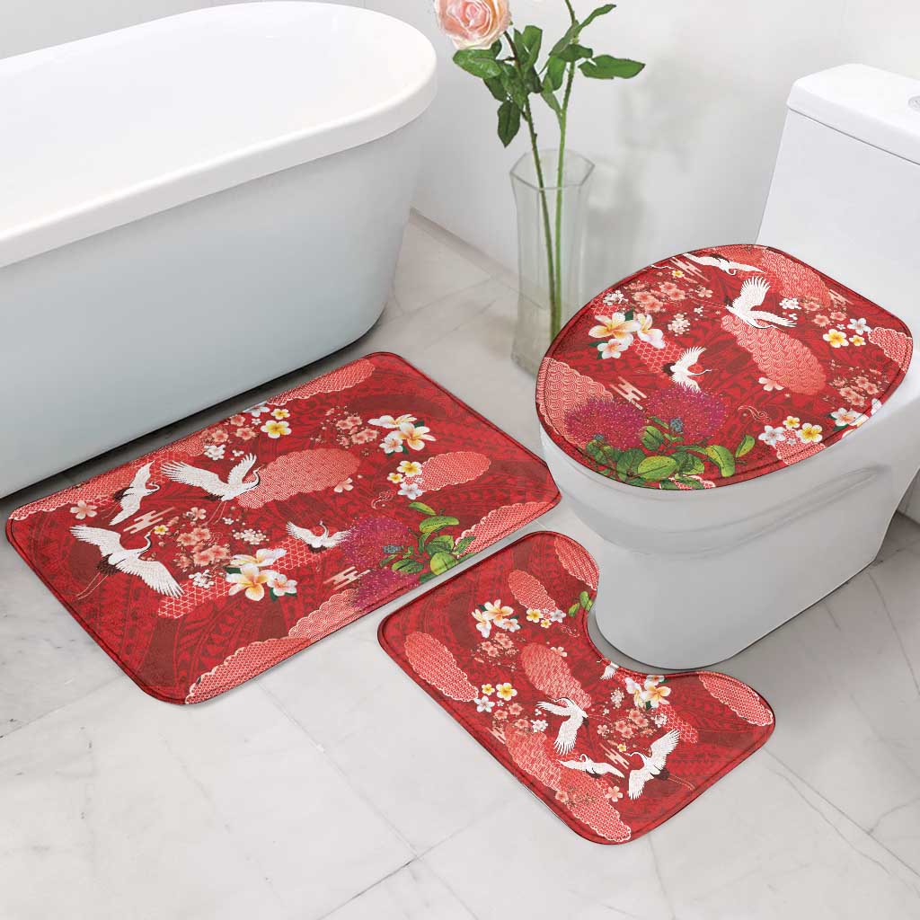 Hawaiian and Japanese Culture Together Bathroom Set Red Ohia Lehua Plumeria and Sakura Blooming - Polynesian Pride