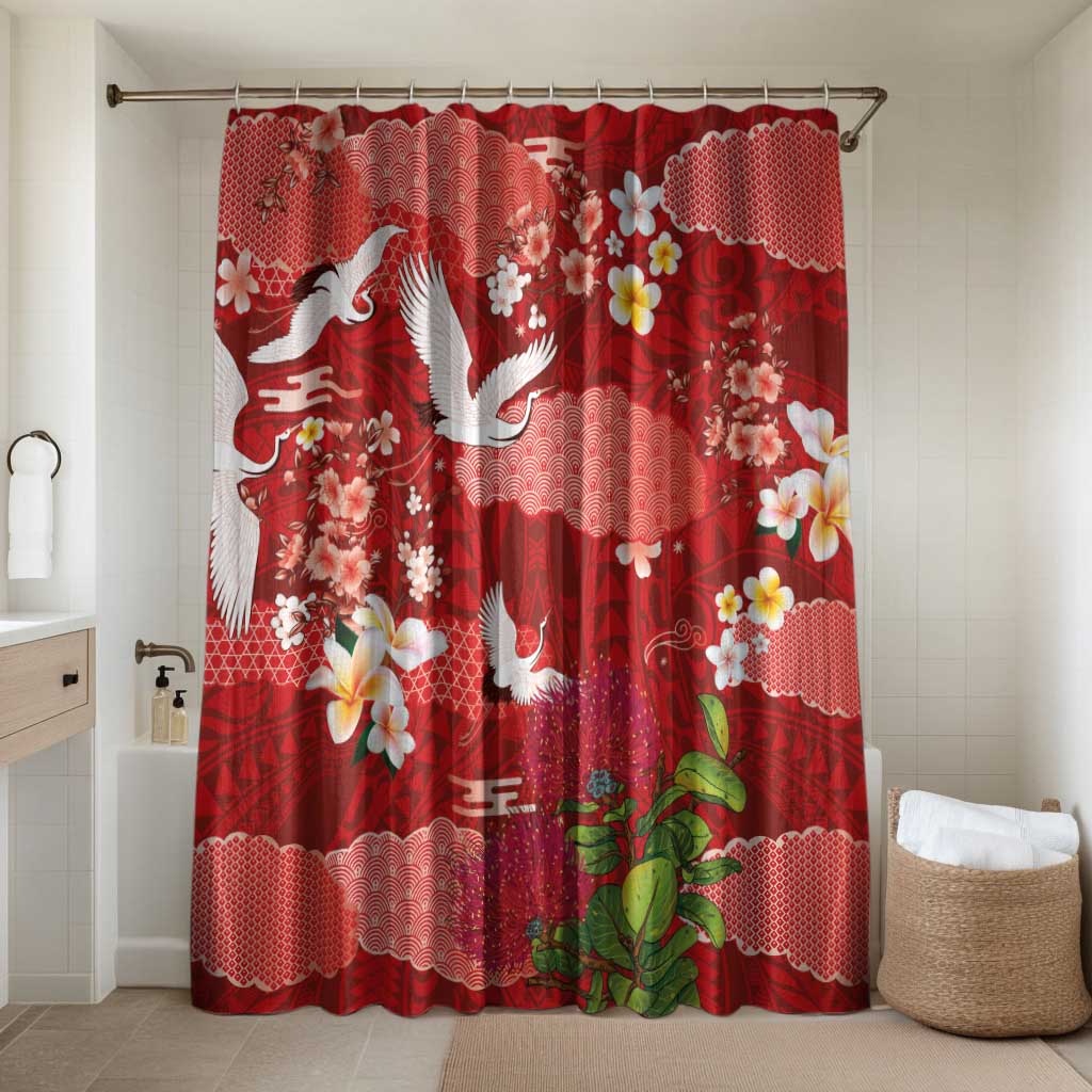 Hawaiian and Japanese Culture Together Bathroom Set Red Ohia Lehua Plumeria and Sakura Blooming - Polynesian Pride