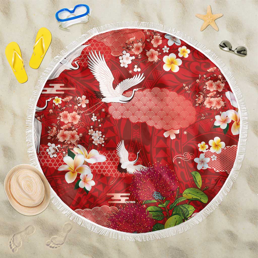 Hawaiian and Japanese Culture Together Beach Blanket Red Ohia Lehua Plumeria and Sakura Blooming - Polynesian Pride