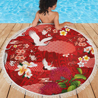 Hawaiian and Japanese Culture Together Beach Blanket Red Ohia Lehua Plumeria and Sakura Blooming - Polynesian Pride