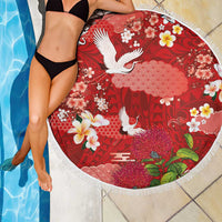 Hawaiian and Japanese Culture Together Beach Blanket Red Ohia Lehua Plumeria and Sakura Blooming - Polynesian Pride
