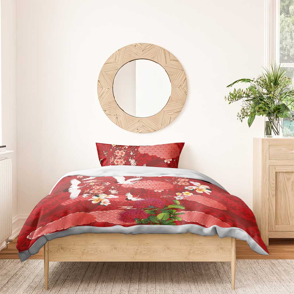 Hawaiian and Japanese Culture Together Bedding Set Red Ohia Lehua Plumeria and Sakura Blooming - Polynesian Pride