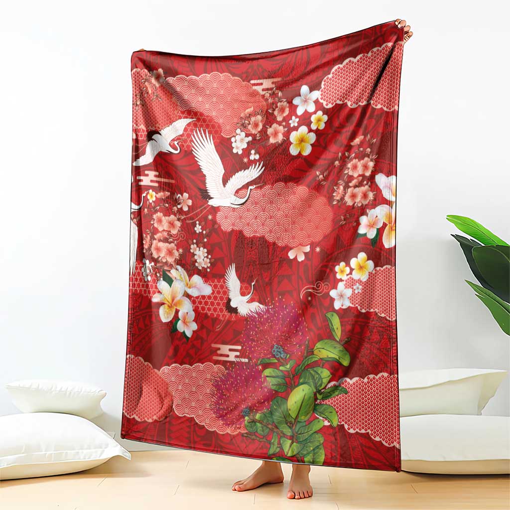 Hawaiian and Japanese Culture Together Blanket Red Ohia Lehua Plumeria and Sakura Blooming - Polynesian Pride