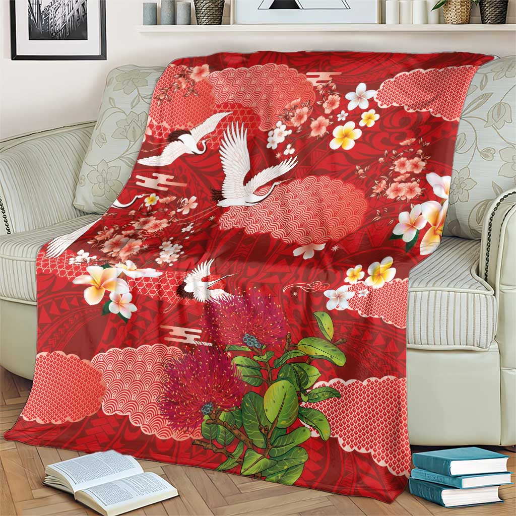 Hawaiian and Japanese Culture Together Blanket Red Ohia Lehua Plumeria and Sakura Blooming - Polynesian Pride